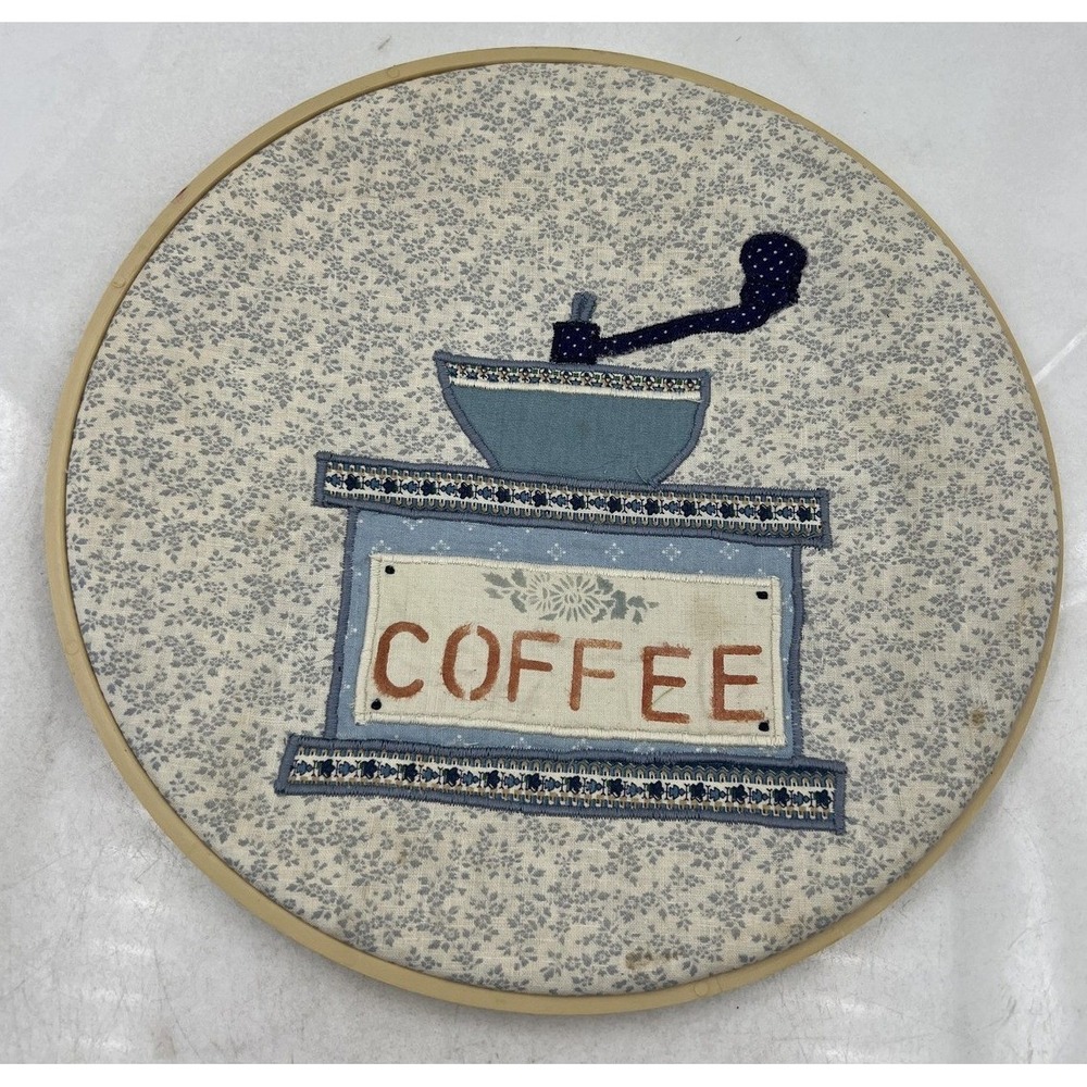 Vintage Handmade Coffee Grinder Fabric Applique Wall Art Cottagecore Blue Cream